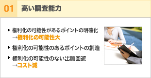 高い調査能力　権利化の可能性があるポイントの明確化→権利化の可能性大　権利化の可能性のあるポイントの創造　権利化の可能性のない出願回避→コスト減